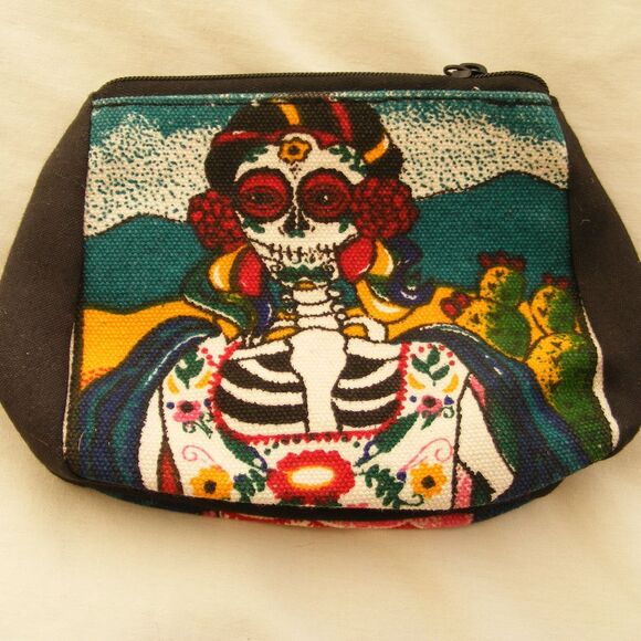 DIA DE LOS MUERTOS Sm bag, 4.75x 4.5x 2.5 Frida, Canvas, Zipper, - Picture 3 of 7